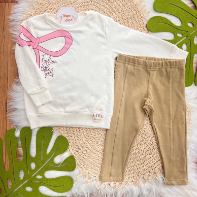 Conj. Casaco de Moletom Fashion Little Girls e Calça Legging - Off White e Caramelo